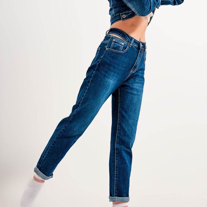 High Waisted Blue Cut Out Slim Jeans