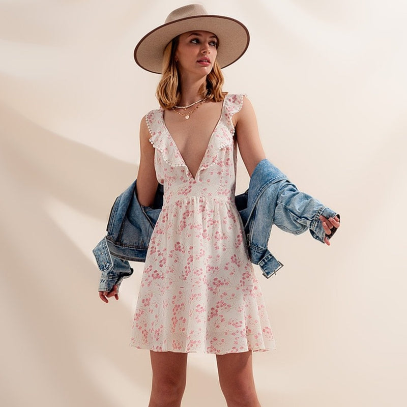 Mini Swing Dress With Plunge Neck in Pink Floral