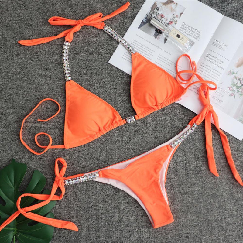 Solid Color Lace-up Bikini Swimsuit Luxury Rhinestone