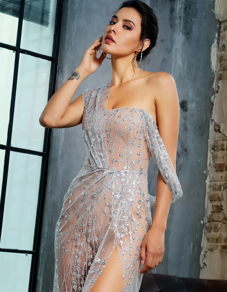 Silver Sequin See Through Gown