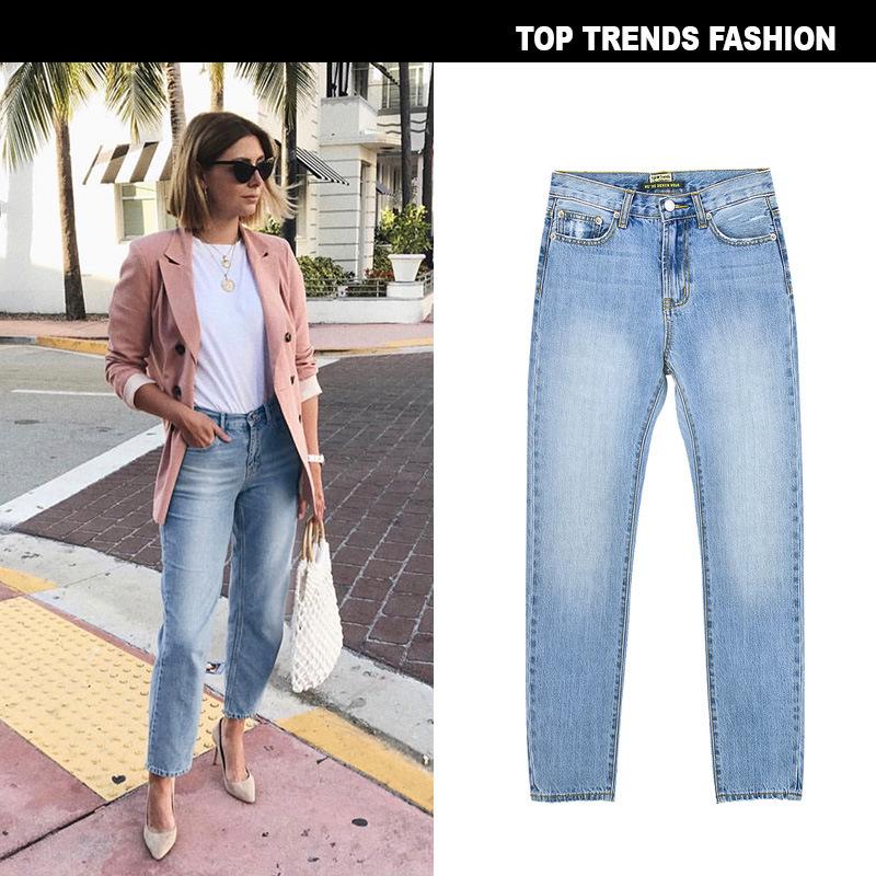 Women＇s High Waist Straight-Leg Denim Trousers  Street Mix and Match Ins Classic Washed Autumn and Winter Cropped