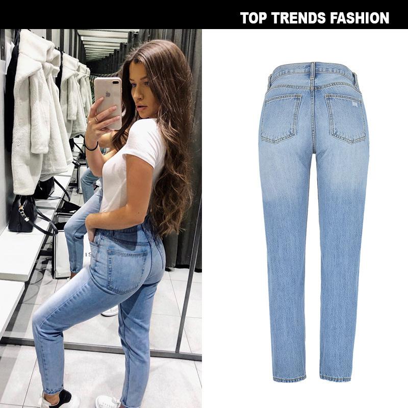 Women＇s High Waist Straight-Leg Denim Trousers  Street Mix and Match Ins Classic Washed Autumn and Winter Cropped