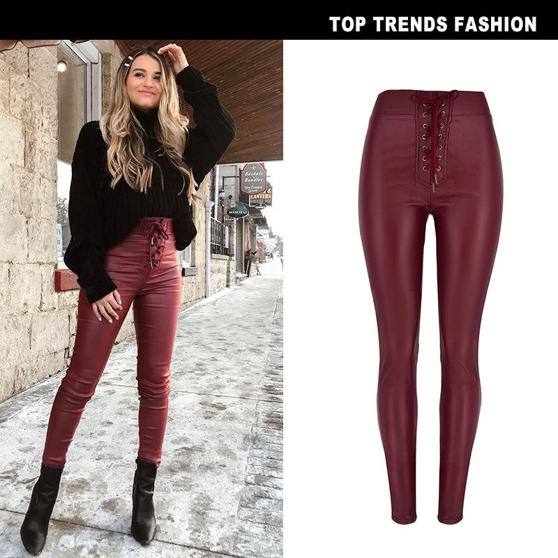 Wine Red High Waist Slim Elastic Metal Open Hole Strap Elastic Waist Coating Imitation Leather PU Denim Skinny Pants