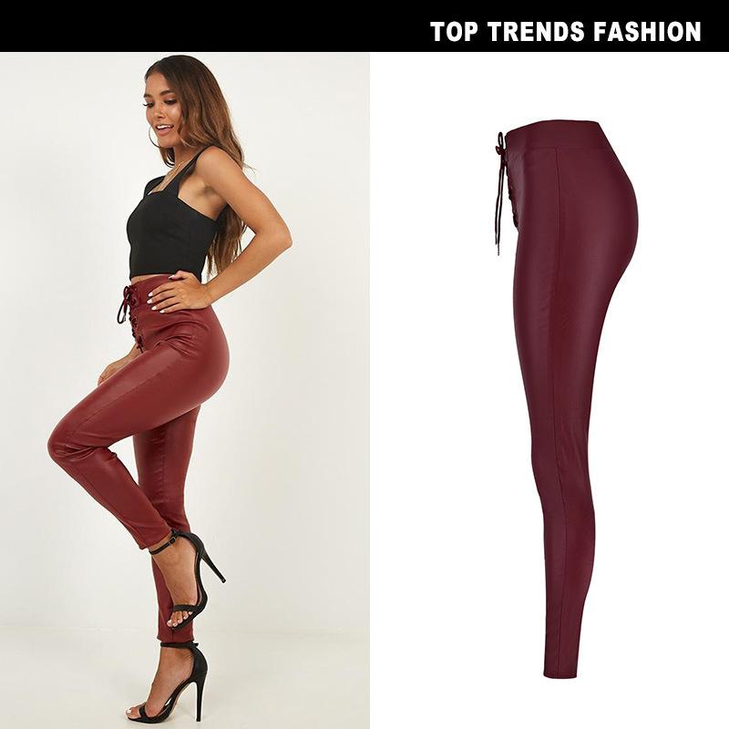 Wine Red High Waist Slim Elastic Metal Open Hole Strap Elastic Waist Coating Imitation Leather PU Denim Skinny Pants