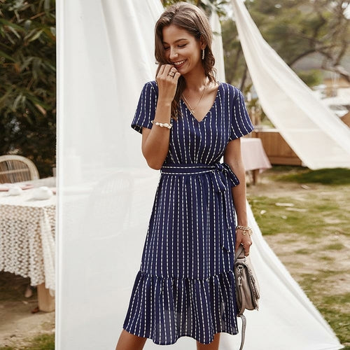 Short Sleeve Striped Casual Flowy Midi Belt Dress