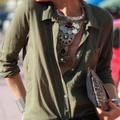 Army Green Long Sleeve Blouse