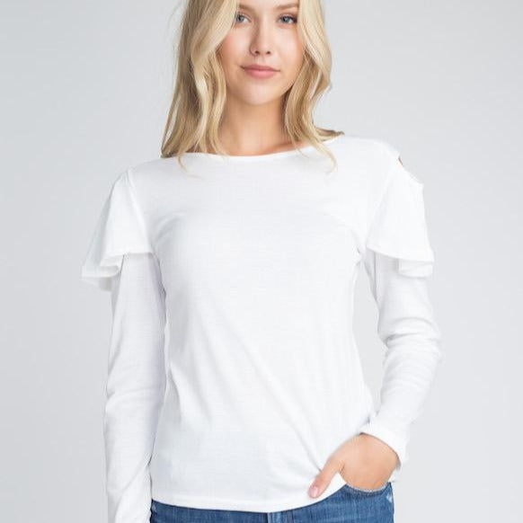 Cold Shoulder Ruffle Long White Sleeve Top