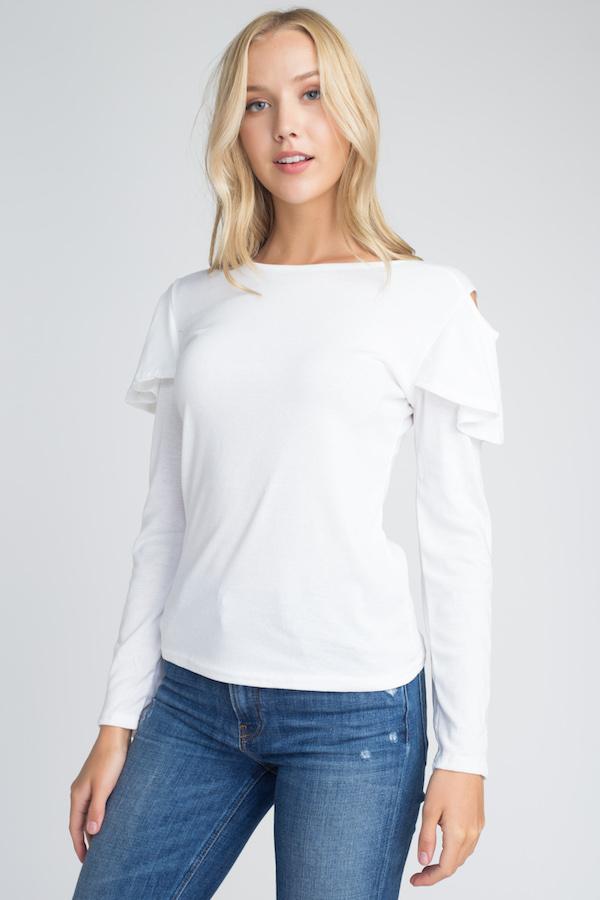 Cold Shoulder Ruffle Long White Sleeve Top