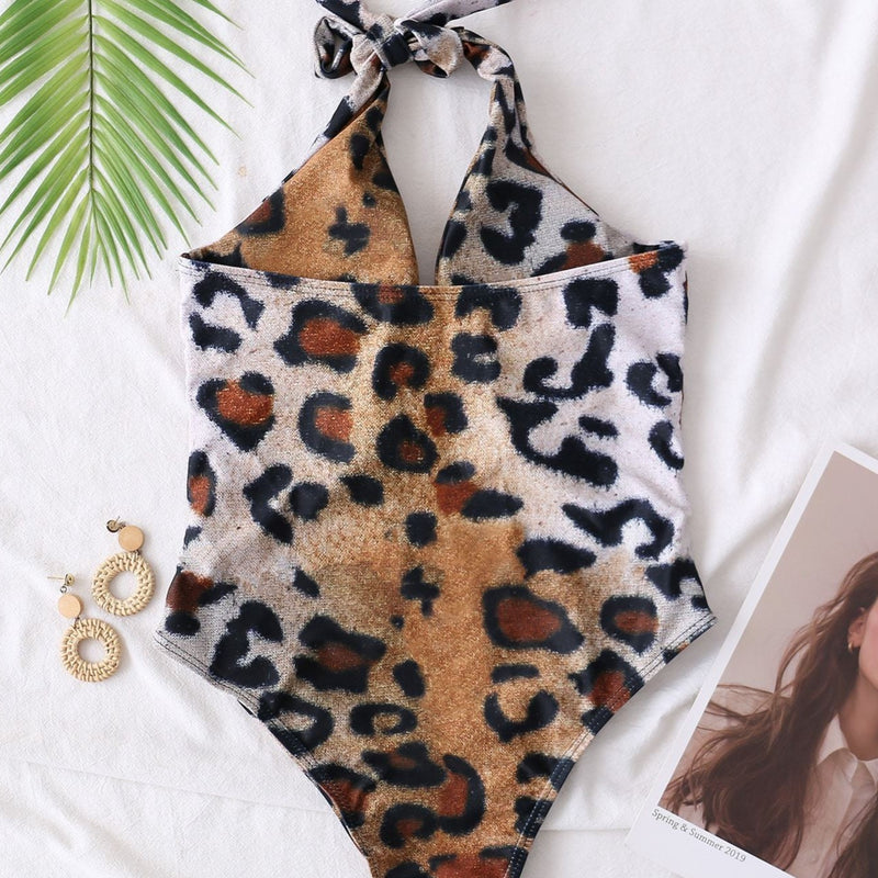 Leopard Cut-out Halter One Piece Swimsuit