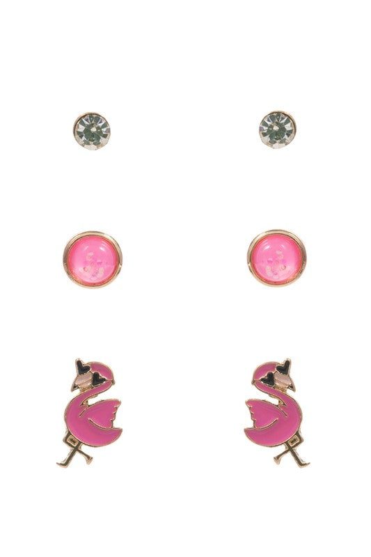 3 Pairs - Flamingo Stud Earring Set