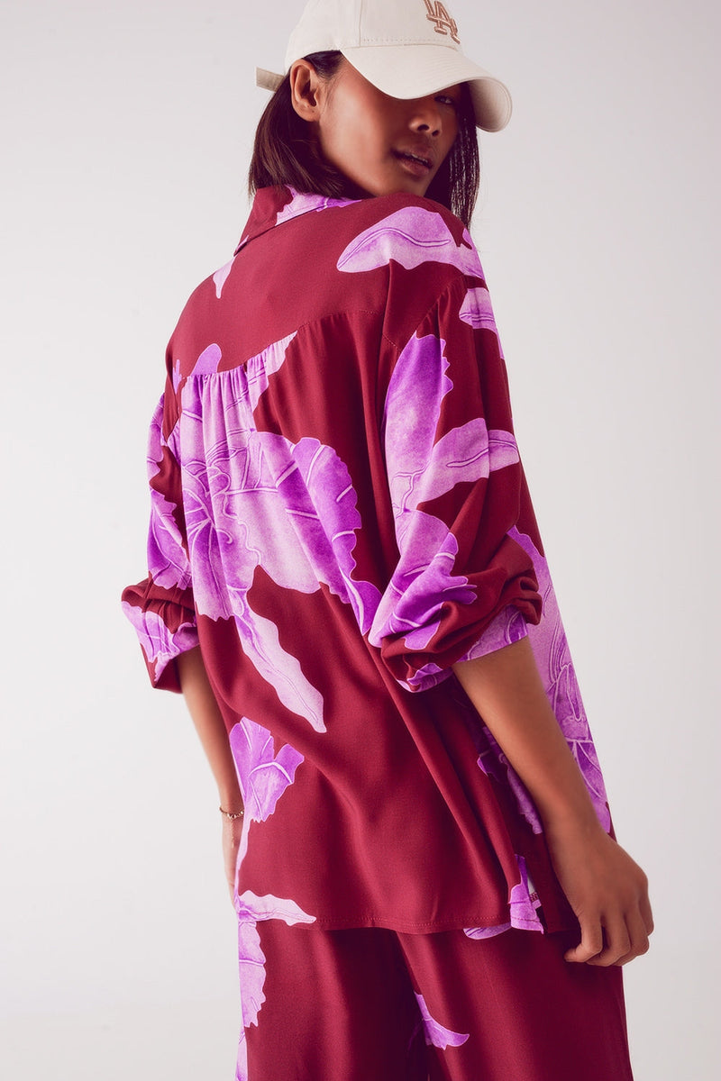 Satin Shirt in Fuchsia With Large Floral Print