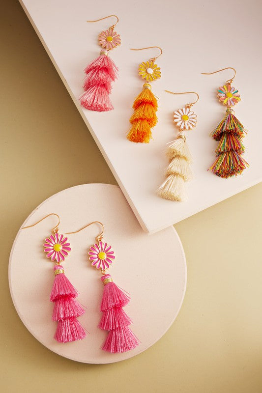 Enamel Flower Tassel Earrings