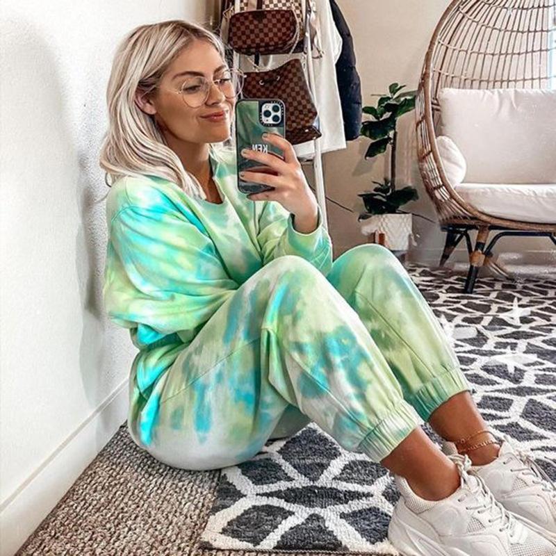 Green Tie Dye Long Sleeve Top And Pants Tracksuit