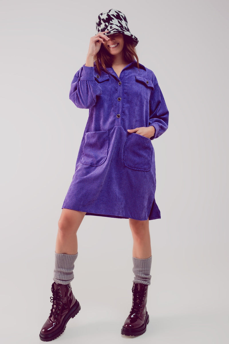 Cord Mini Shirt Dress in Purple