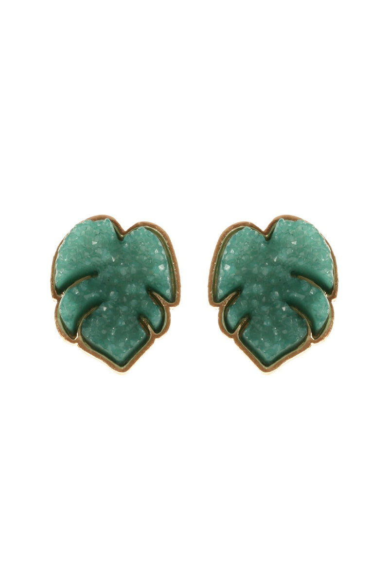 Fe5480 - Metal Druzy Palm Leaf Post Earrings