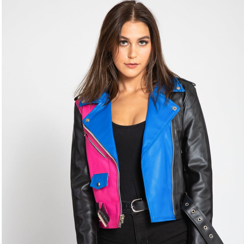 Women's Block Print Moto Style Faux Leather Jacket - Pink/Blue