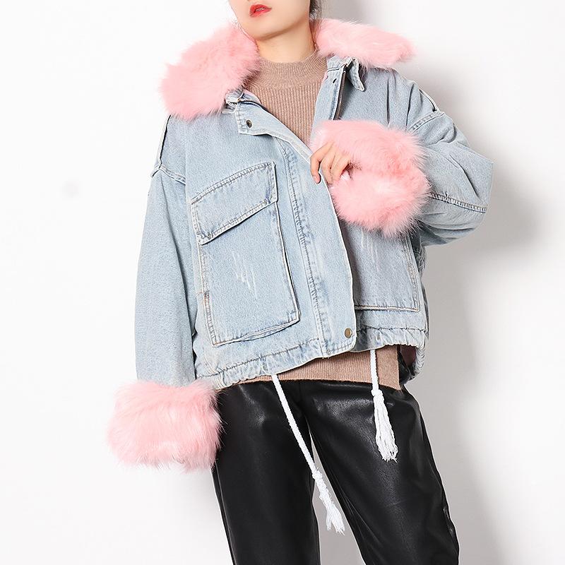 New Parka Loose Denim Oversized Fur Collar Fleece padded Jacket