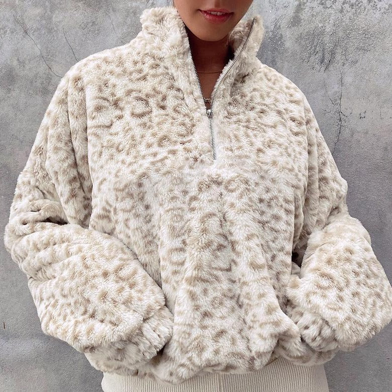 New Ivory Leopard print Winter Hooded Sweater
