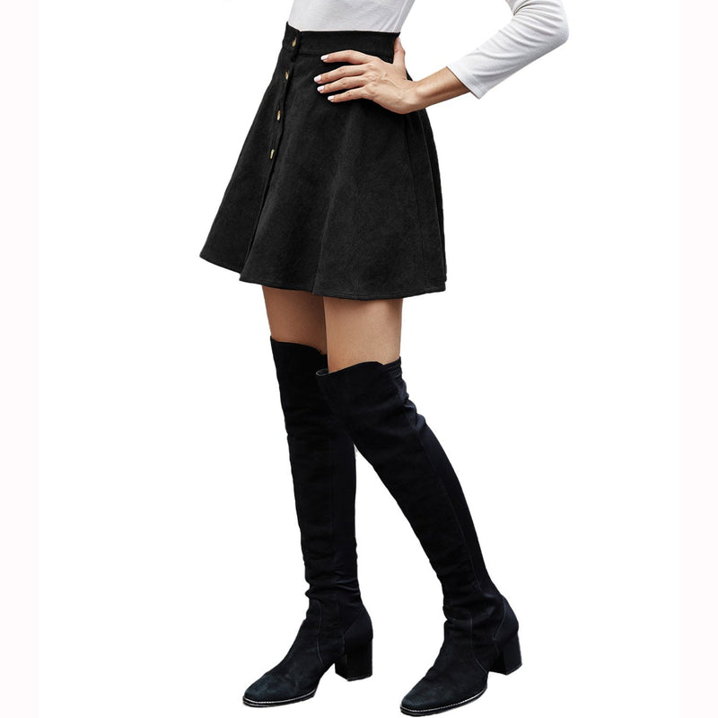 Button Closure A-Line High Waisted Flared Mini Short Skirt