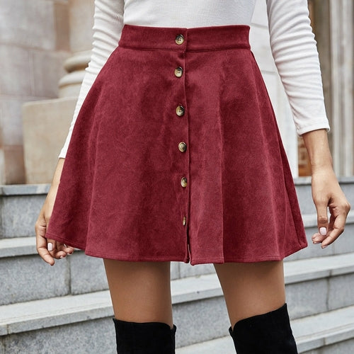 Button Closure A-Line High Waisted Flared Mini Short Skirt