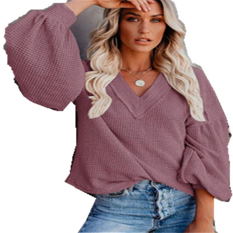 Long Sleeve V Neck Knit Sweater Solid Color Top