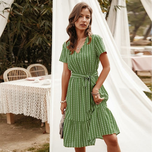 Short Sleeve Striped Casual Flowy Midi Belt Dress