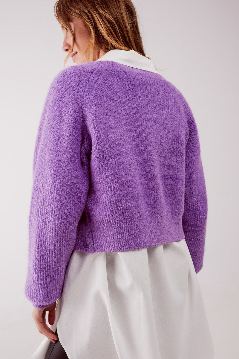 Detail Button Front Knitted Cardigan in Purple