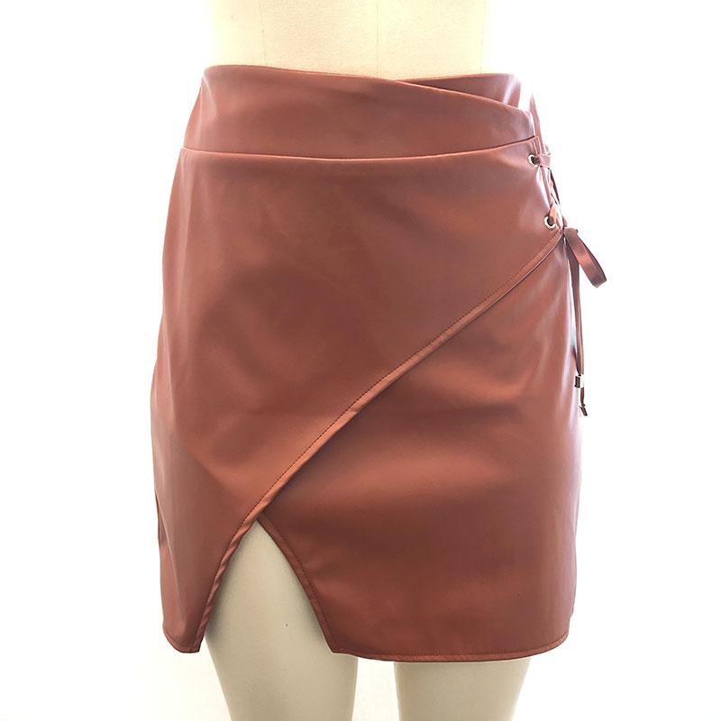Brown lace up A-line girls short skirt PU leather mini skirt
