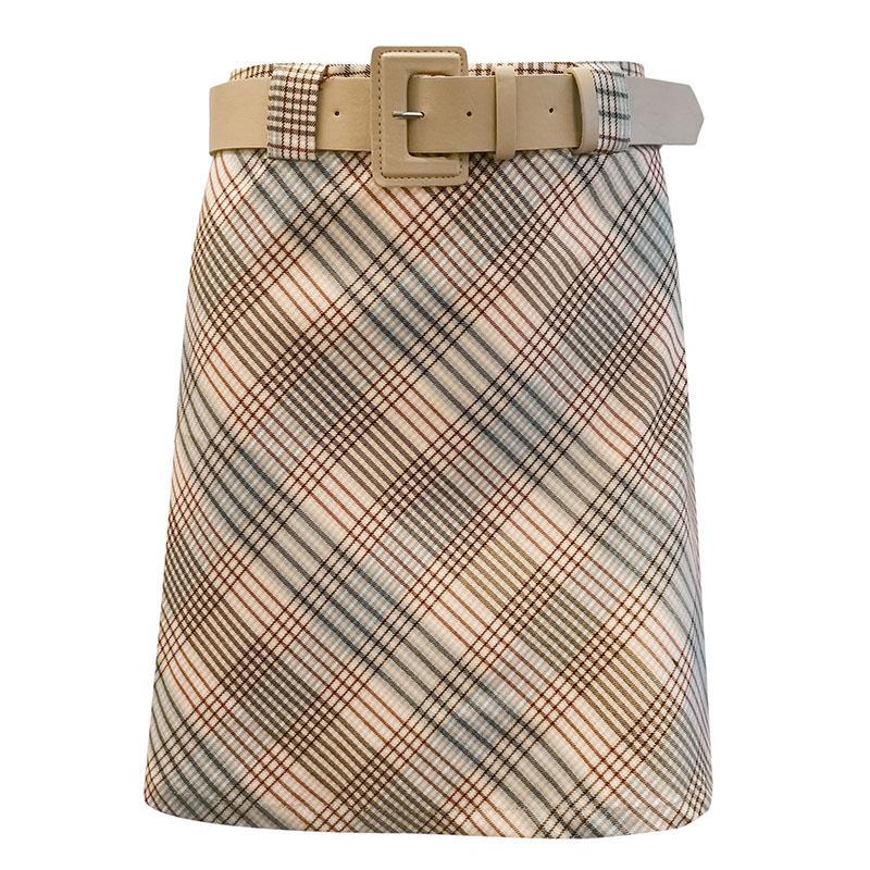 Contrast color plaid high waist A-line belt short mini skirt