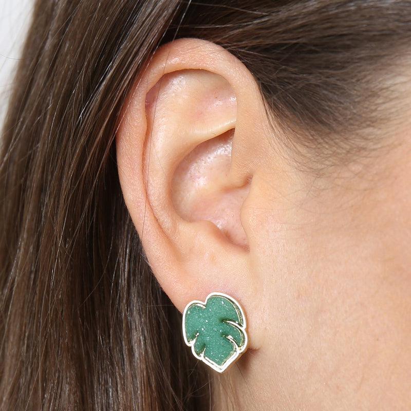 Fe5480 - Metal Druzy Palm Leaf Post Earrings