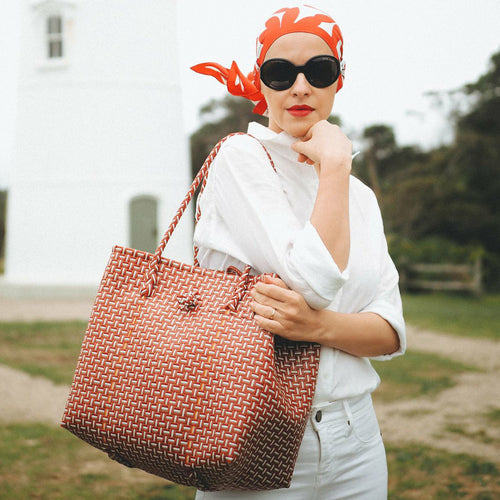 Toko Recycled Woven Tote Bag, in Red & White