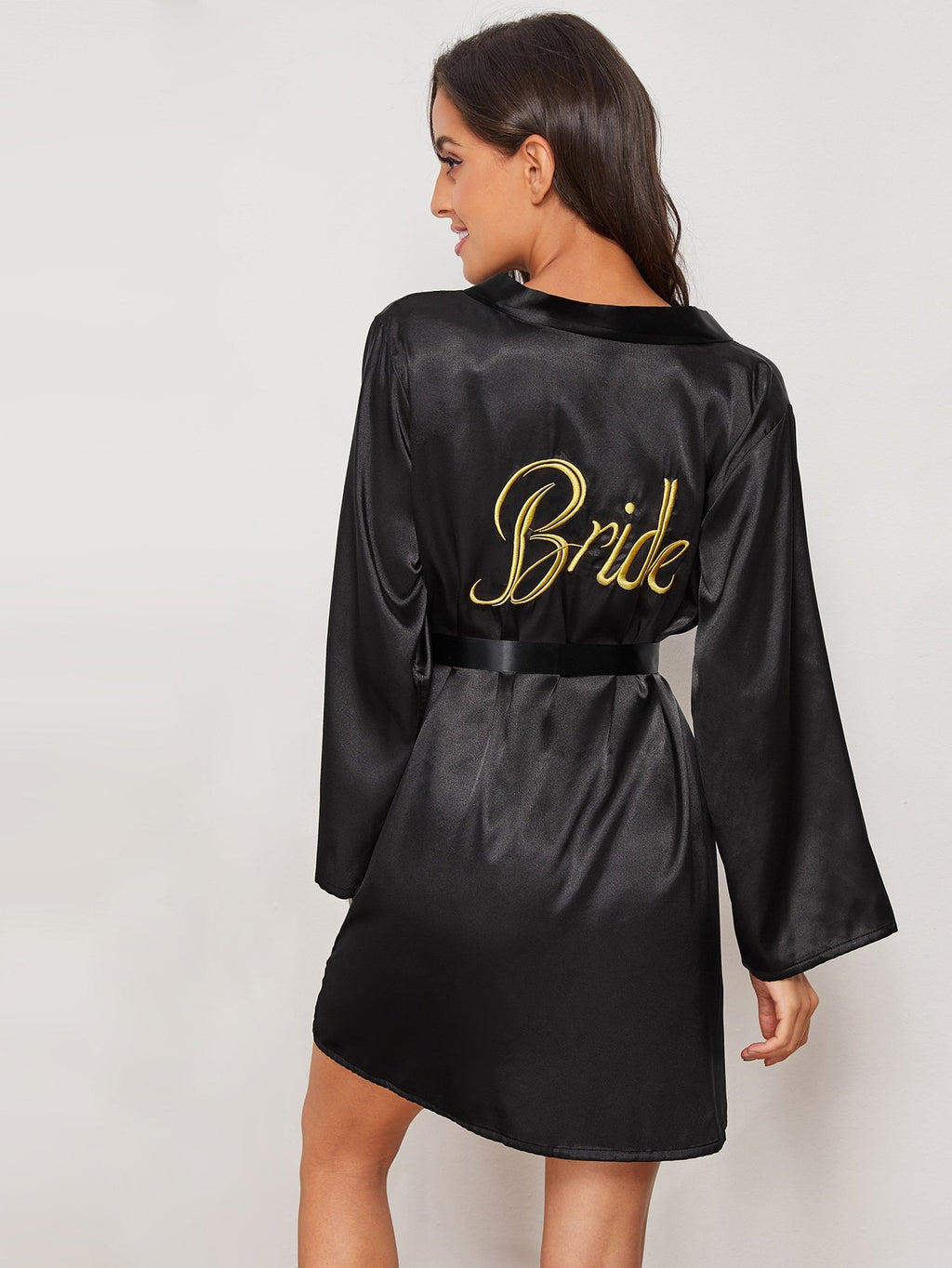 Letter Embroidered Satin Belted Robe
