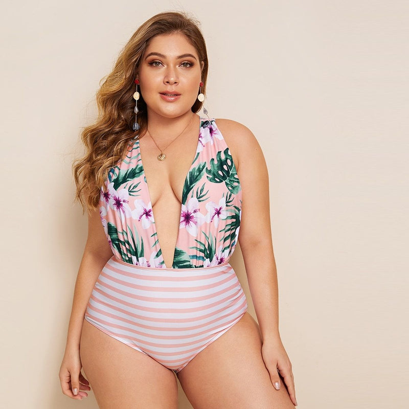 Queen Plus Collection Floral & Striped Criss Cross One Piece Swimwear