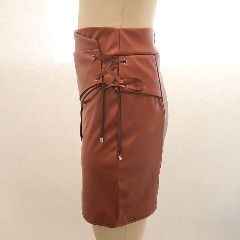 Brown lace up A-line girls short skirt PU leather mini skirt