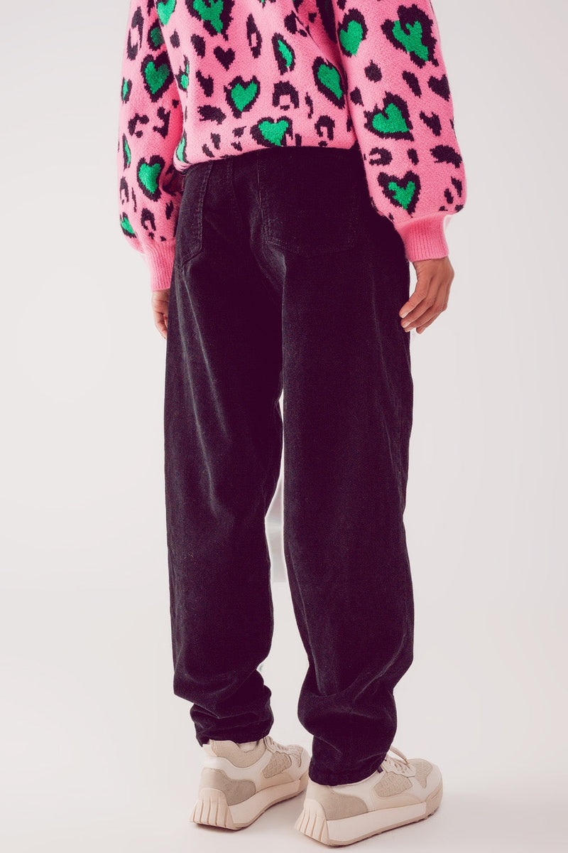 High Rise Slouchy Mom Pants in Black Cord