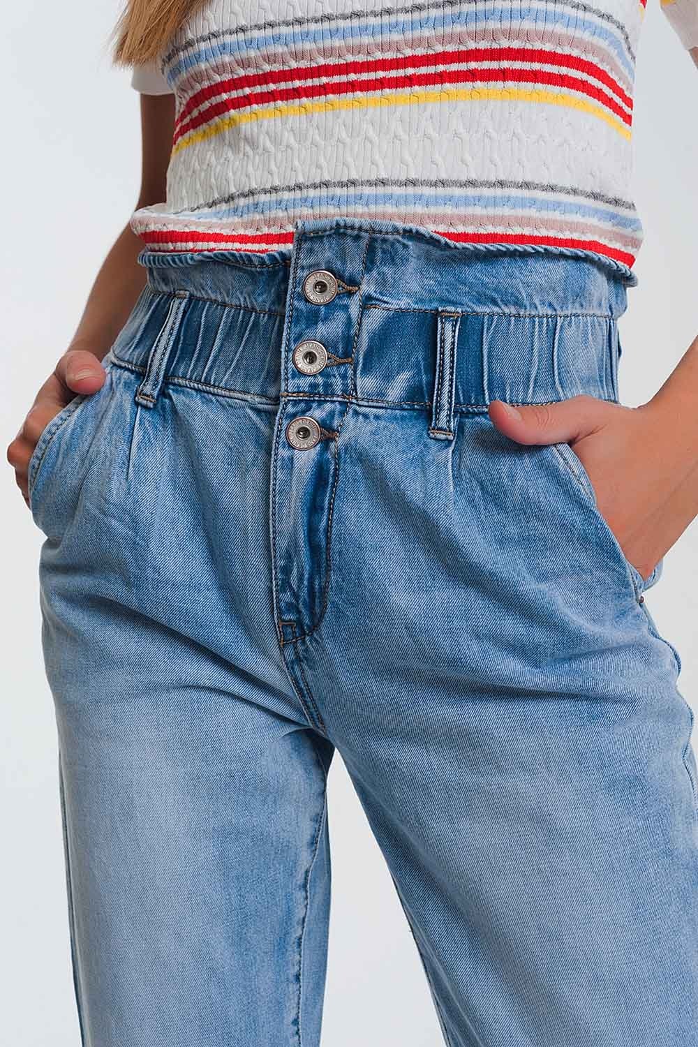 Light Denim Straight Jeans With Big Waistband Detail