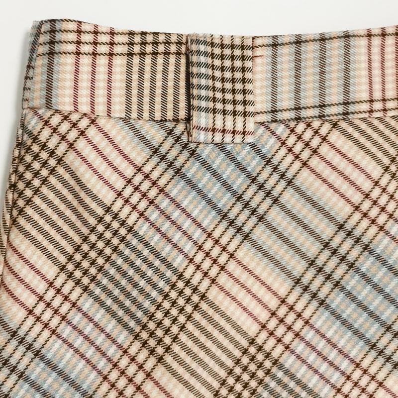 Contrast color plaid high waist A-line belt short mini skirt