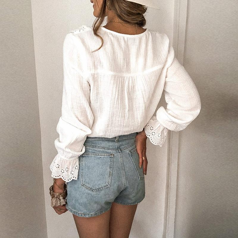 V-neck white blouse lace Patchwork Top