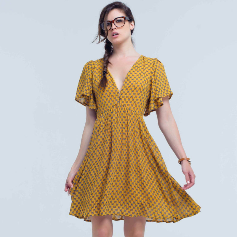 Yellow Dress With Flight and Geometric Pattern