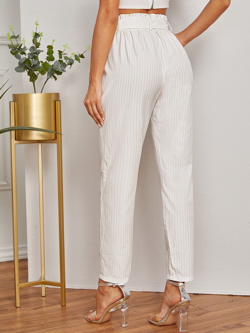 White Vertical Striped Paper bag Waist Belted Pants