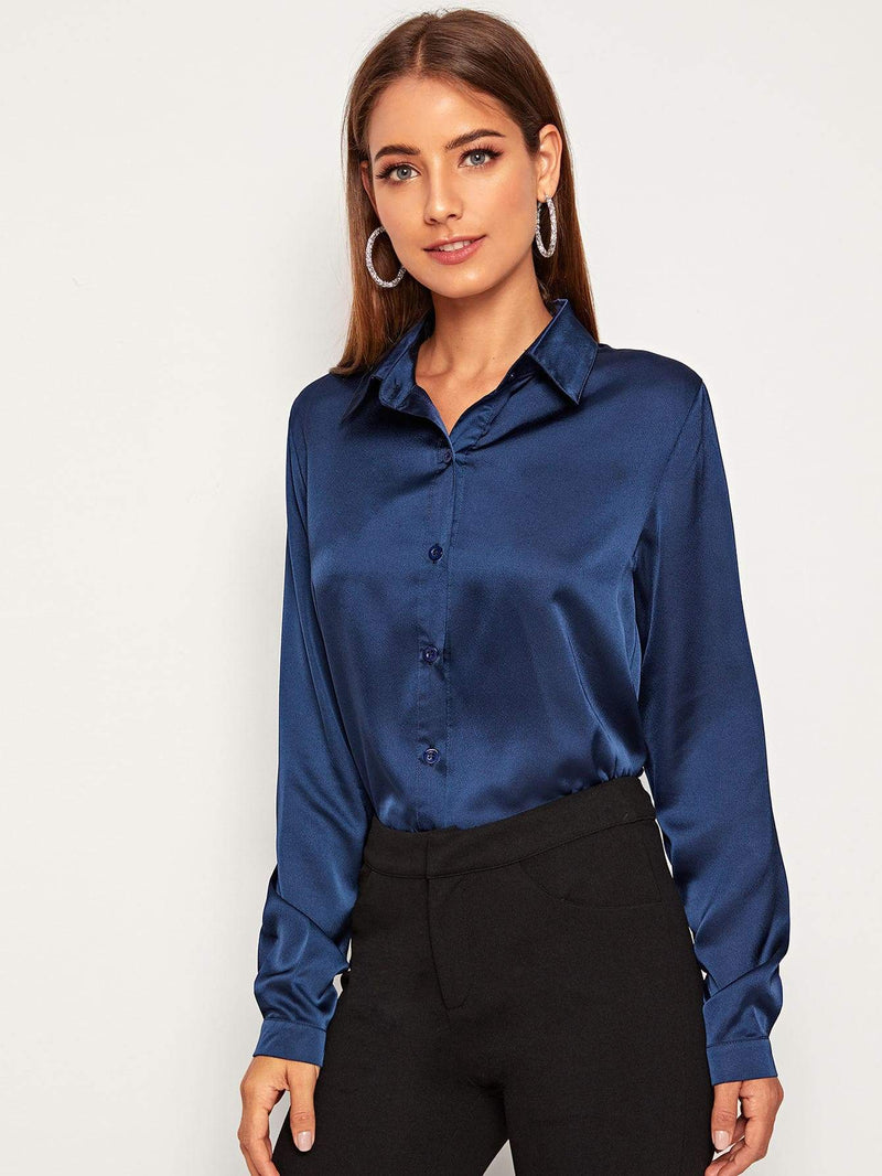 Solid Button Front Satin Blouse