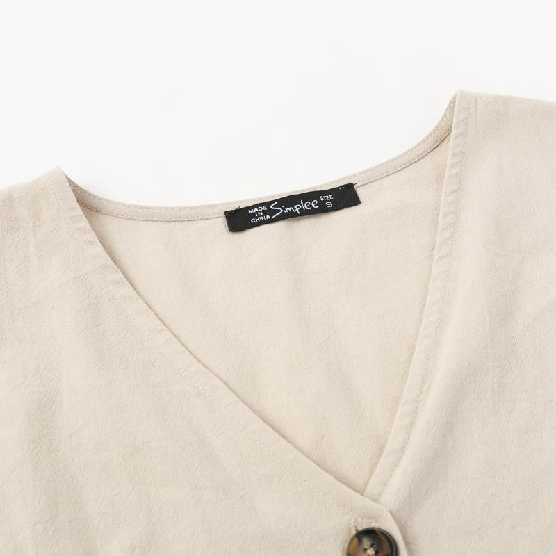 Vintage Button Dress Shirt V neck Short Sleeve Cotton Linen Summer Dress