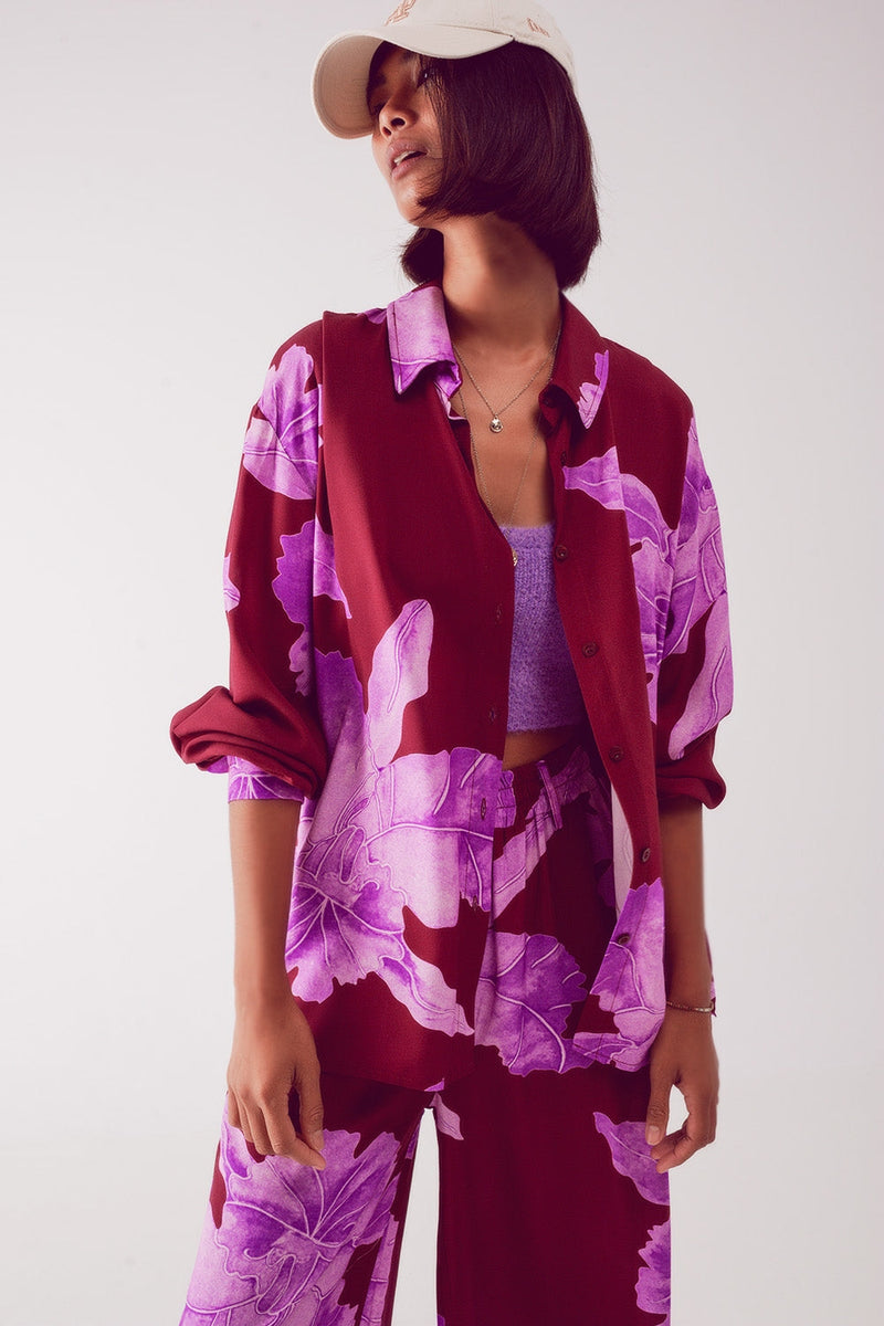 Satin Shirt in Fuchsia With Large Floral Print