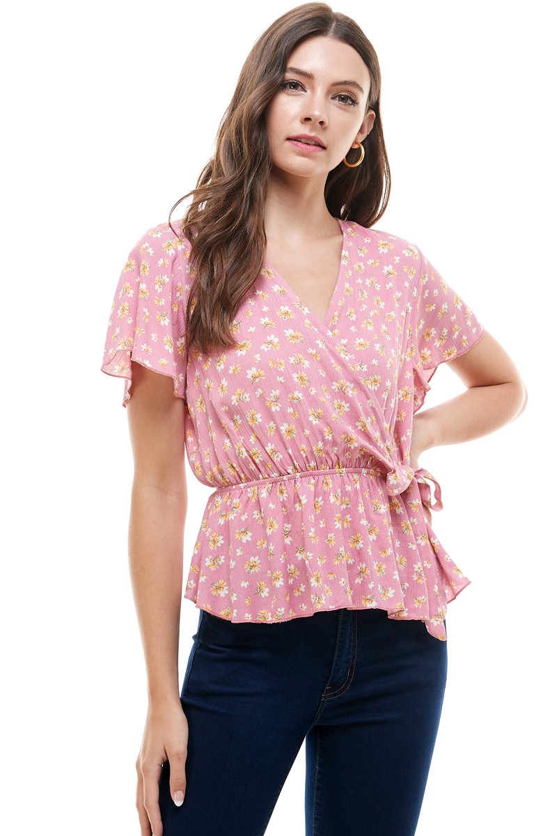 Ditsy floral surplice flutter sleeves peplum blouse top