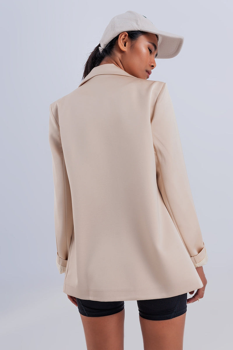 Double Breasted Satin Blazer in Beige