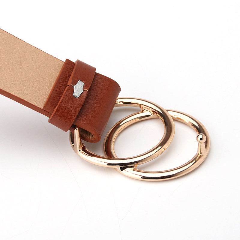 Women Leather Belt with Double O-Ring Buckle Faux Leather Waist Belts