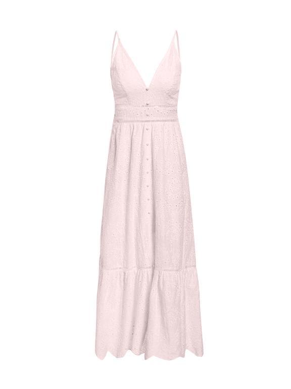 Embroidery White  Summer Dress V Neck Spaghetti Strap Pearl Buttons Cotton Dress