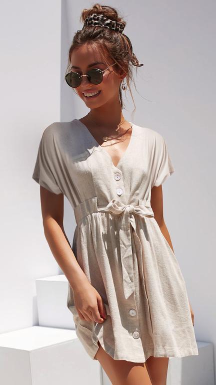 Vintage Button Dress Shirt V neck Short Sleeve Cotton Linen Summer Dress