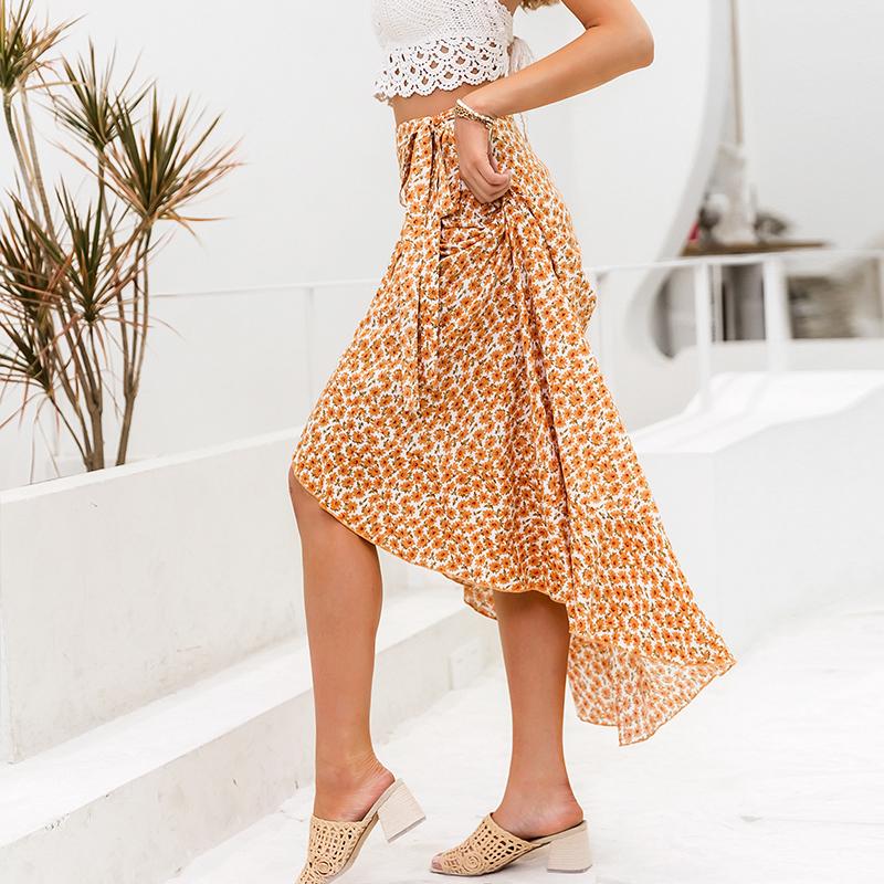 Bohemian Floral Print Long Skirt High Waist Lace Up Ruffle Summer Skirt