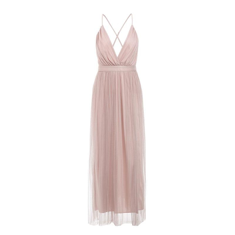Mesh pink lace dress Elegant Party V Neck Evening Maxi Dress